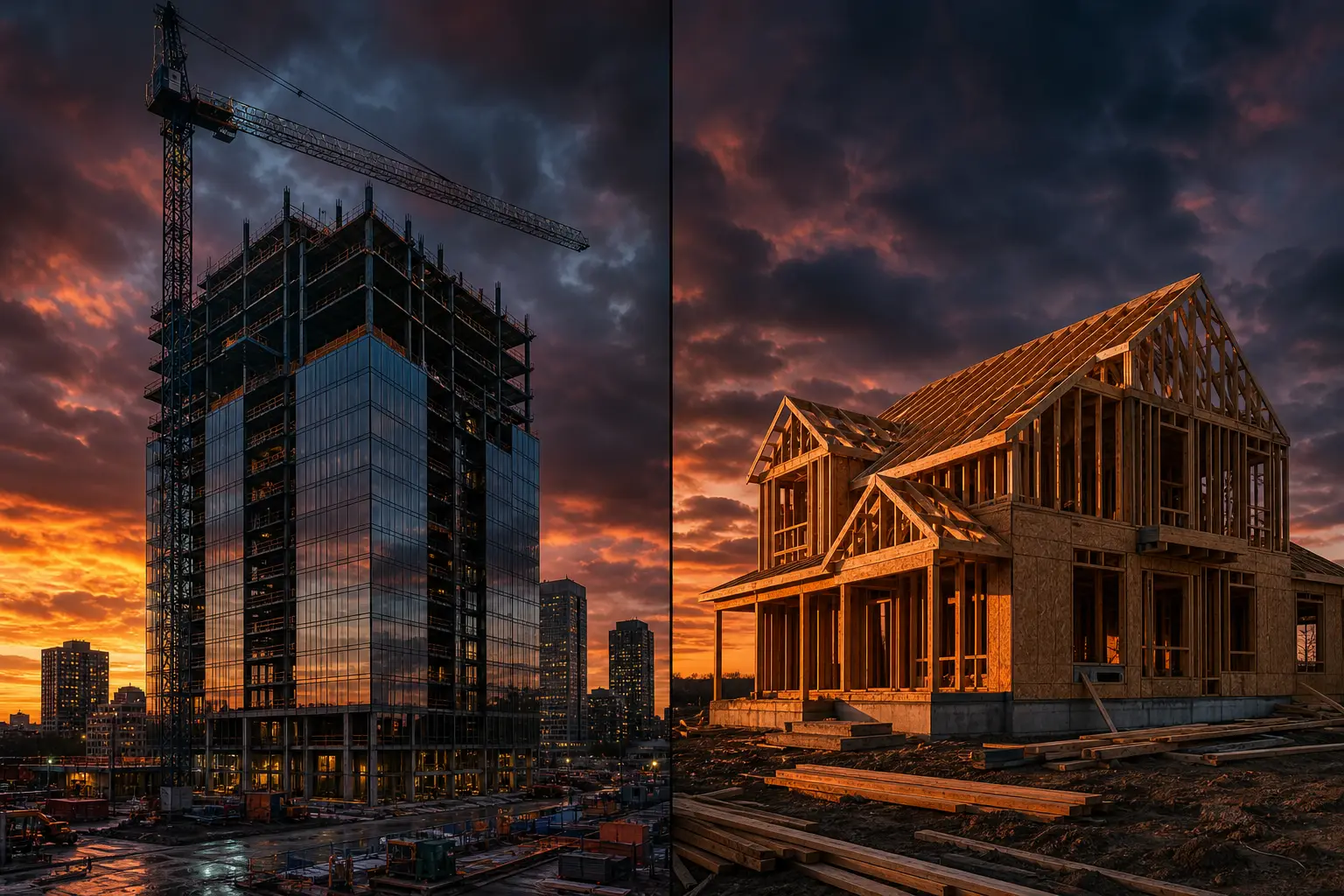 Commercial steel tower and residential wood framing side by side at dusk