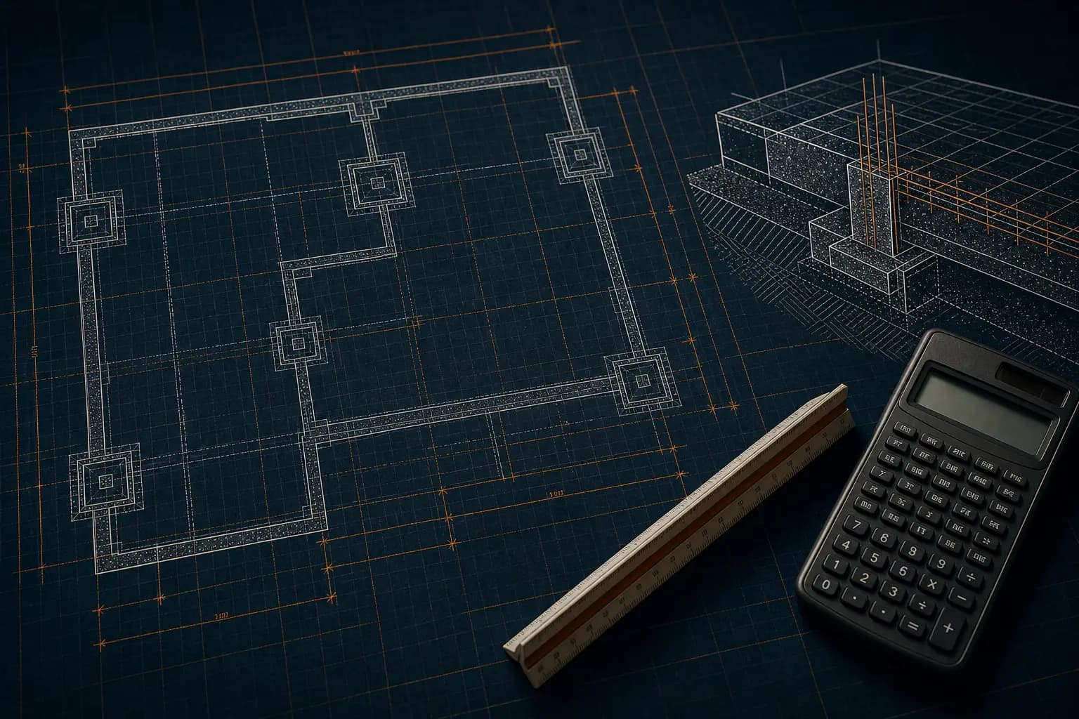 Blueprint-style foundation plan with footings, rebar section detail, scale ruler and calculator