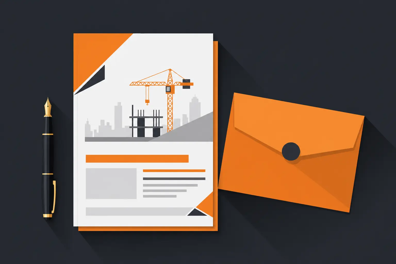 Flat illustration of a bid proposal document with pen and envelope