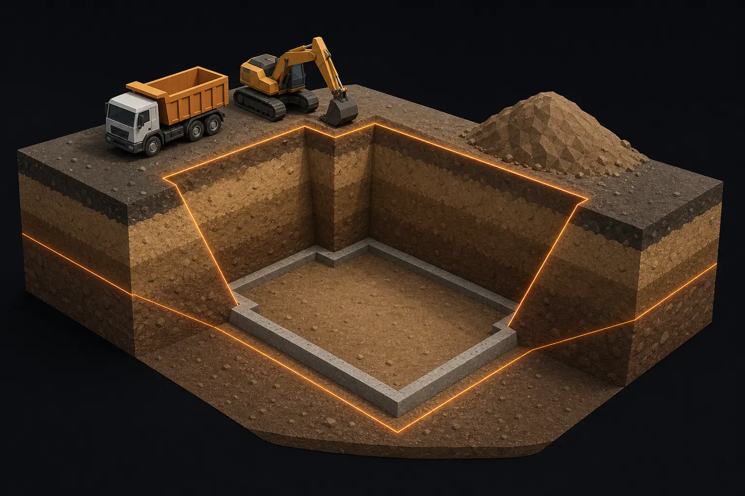 Isometric 3D cutaway of a residential basement excavation on a dark background, showing topsoil and subsoil layers, a sloped-wall pit with a concrete footing outline, a spoil pile, an excavator and a dump truck, with the pit edges and slope lines traced in orange