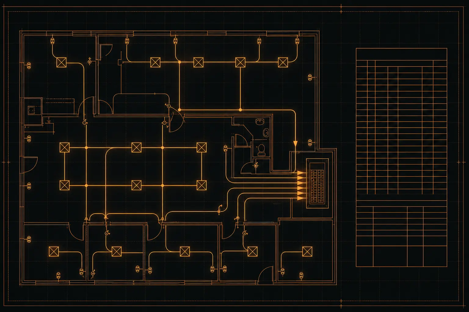 Technical blueprint-style illustration of an electrical floor plan with branch circuit runs, homerun arrows, panel schedule and device symbols drawn in orange line work on a dark background