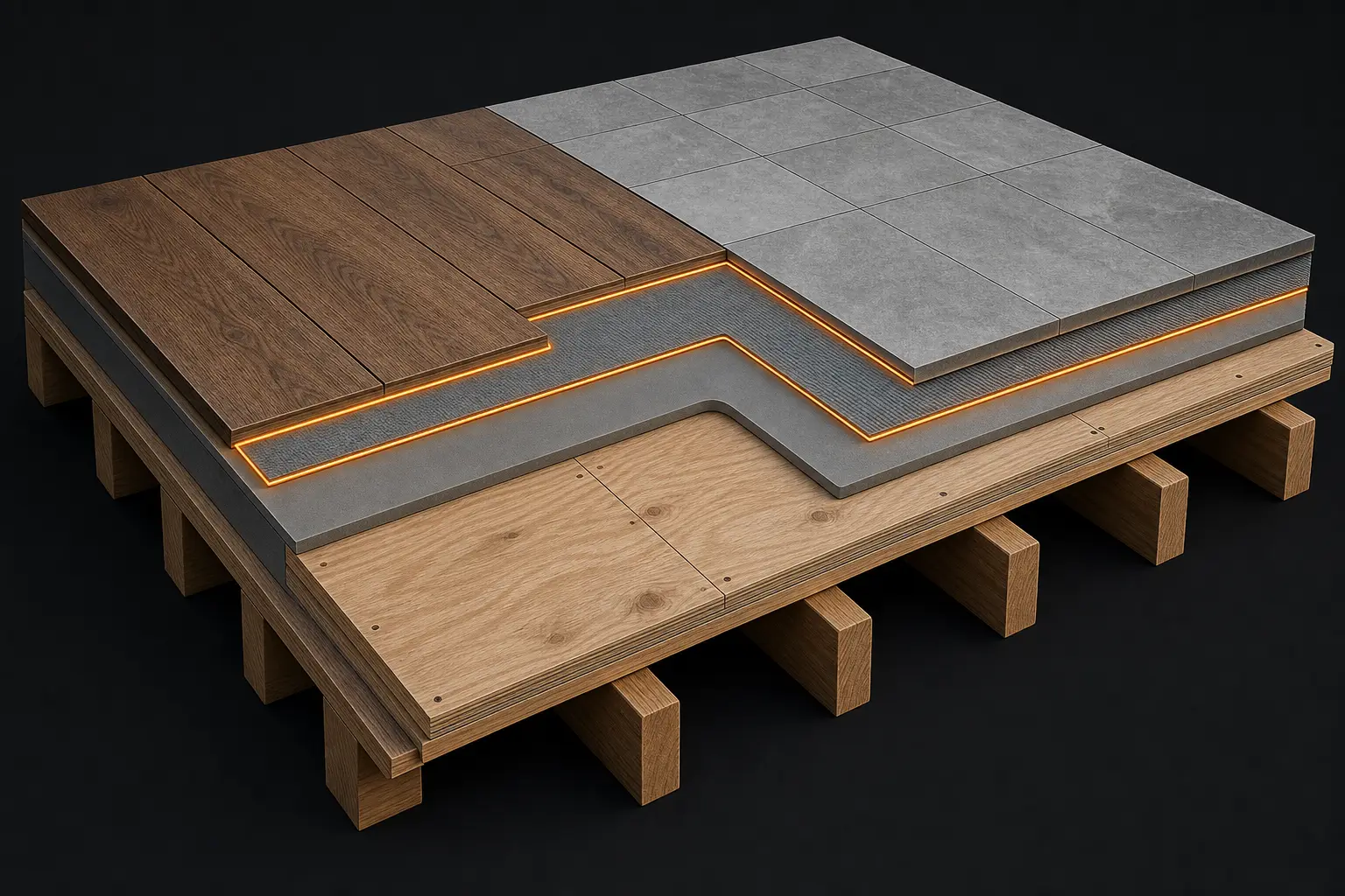 Isometric cutaway of a floor assembly on a black background, layers stepped back to show wood joists, plywood subfloor, a grey leveling layer and a notched mortar bed, with the finish surface split between wide wood planks on one side and large format grey tile on the other, cut edges lit in orange
