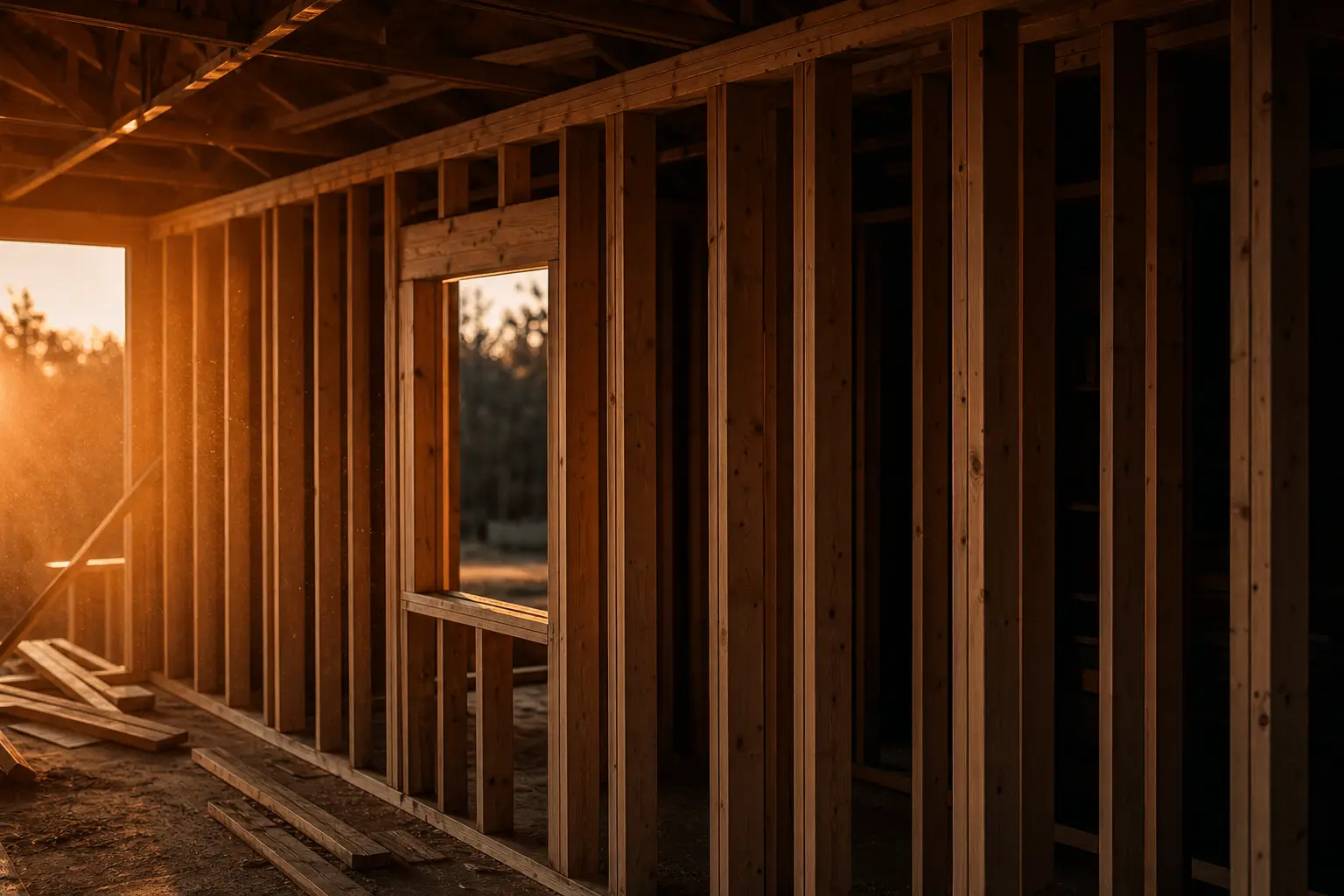 Newly framed wood wall at dusk, studs and double top plates in raking orange light with a window rough opening visible