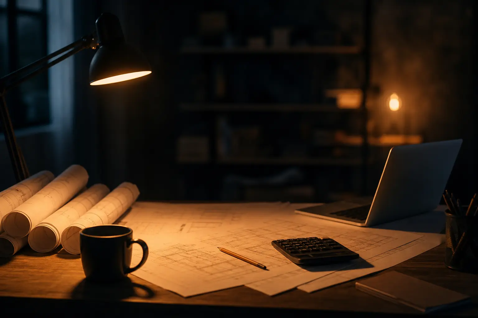 Contractor's estimating desk at night with blueprints, calculator, and laptop