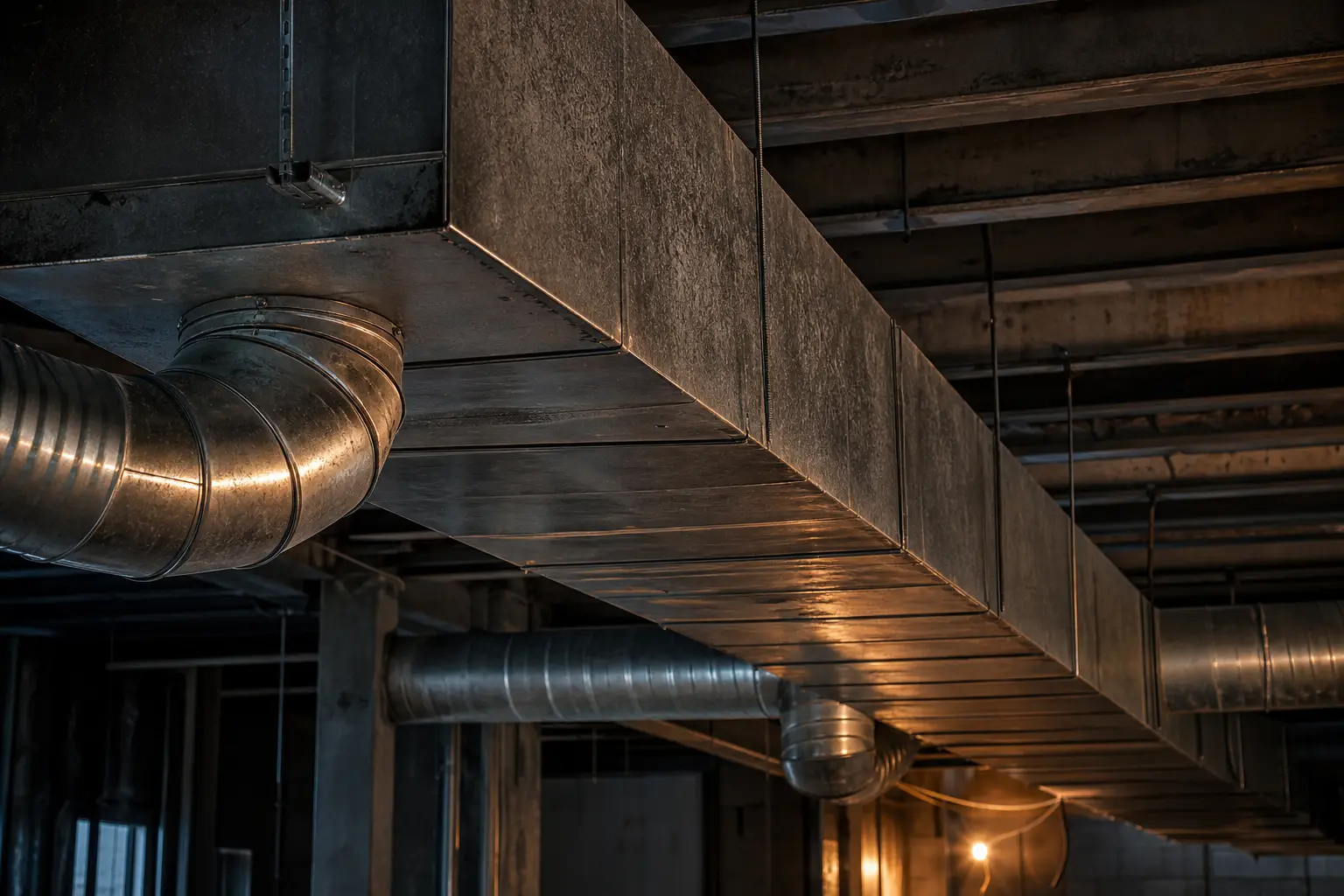Unfinished commercial ceiling plenum at night, a galvanized rectangular trunk duct running overhead with visible transverse joints, round spiral branch runouts tapped off it on spin-in collars, hanger rods dropping from the structure above, lit by a single warm work light