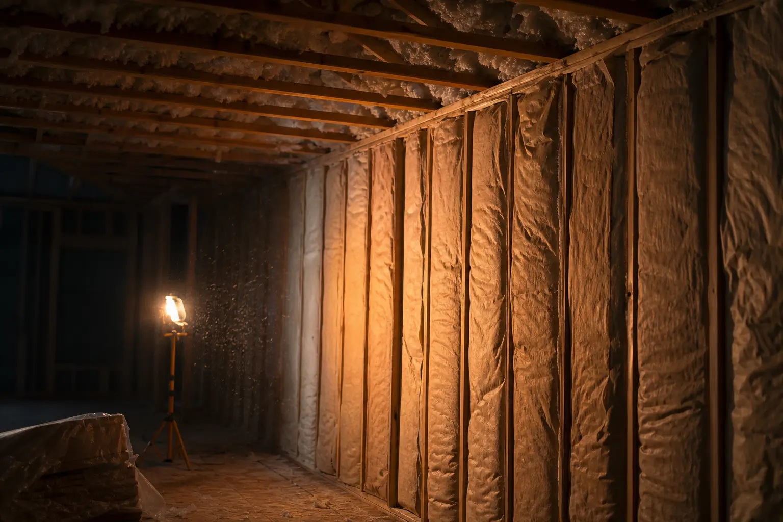 Moody jobsite photograph of a framed house interior before drywall, kraft-faced fiberglass batts fitted in every stud bay along a long wall and loose-fill insulation between the ceiling joists above, lit by a single orange work light with dust hanging in the beam