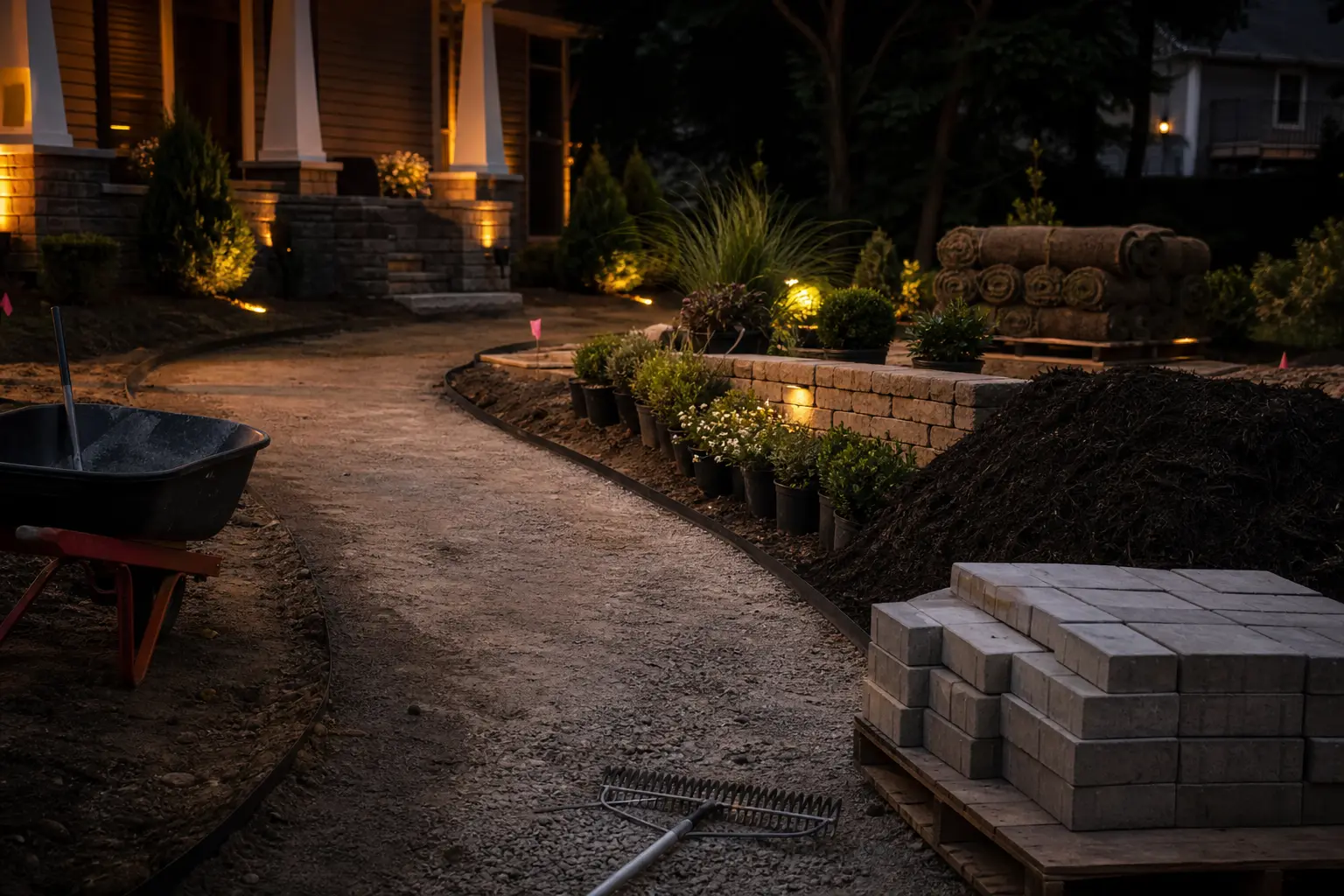 Moody dusk photograph of a residential front yard landscape install in progress: a curving compacted gravel walk base with steel edging, a pallet of concrete pavers, a short block retaining wall, a mulch pile, rows of potted shrubs, stacked sod rolls and a wheelbarrow, lit by warm landscape lights