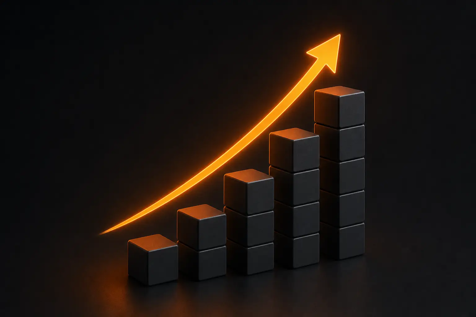 Isometric blocks rising like a bar chart with an upward orange arrow