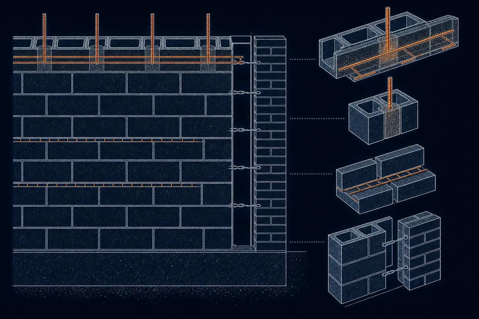 Technical blueprint illustration on a dark navy background showing a concrete block wall in elevation with a bond beam course and vertical rebar highlighted in orange, a brick veneer wythe tied back with wire anchors, and exploded details of a grouted cell, ladder joint reinforcement and a veneer tie