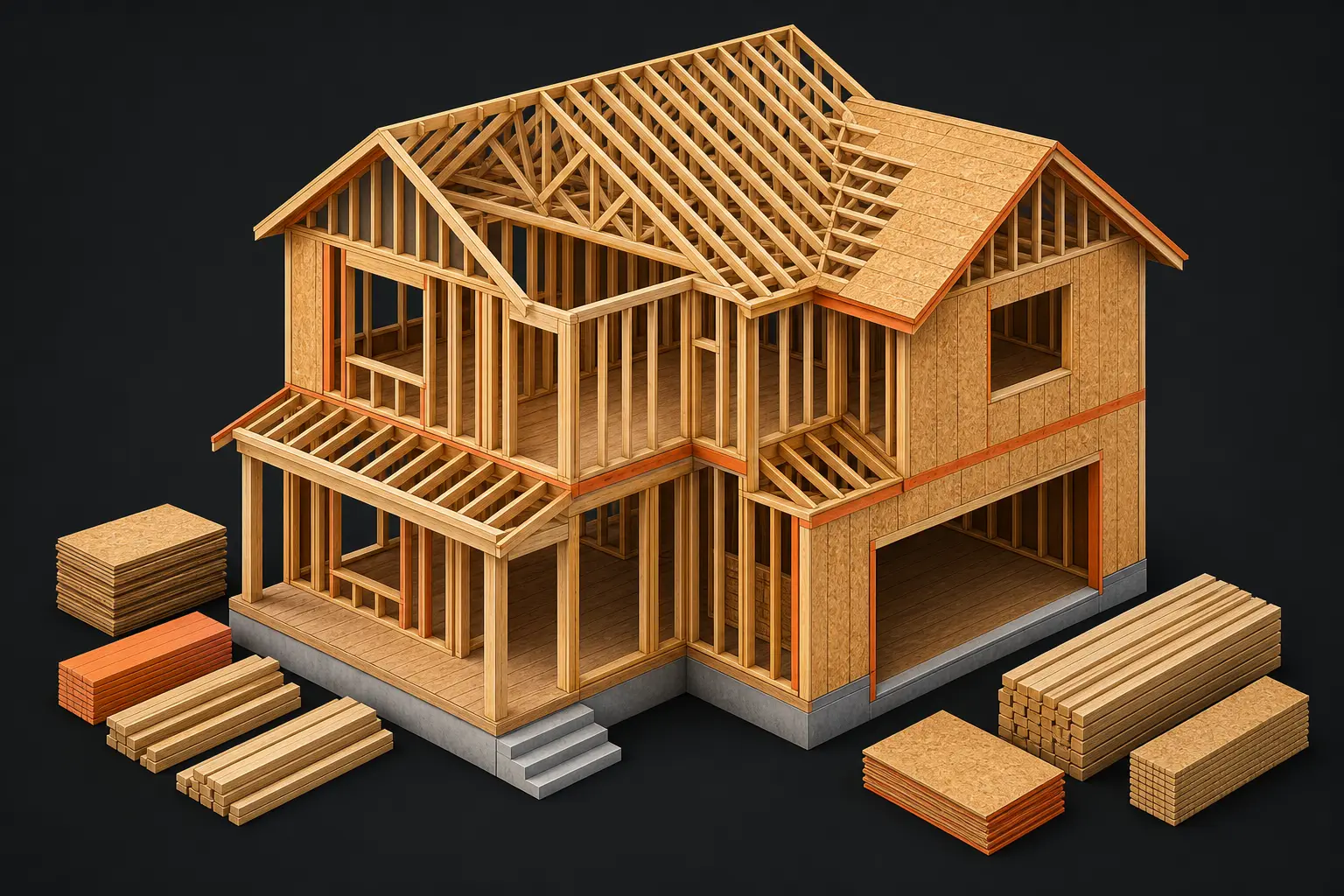 Isometric cutaway of a framed house with stacked building materials