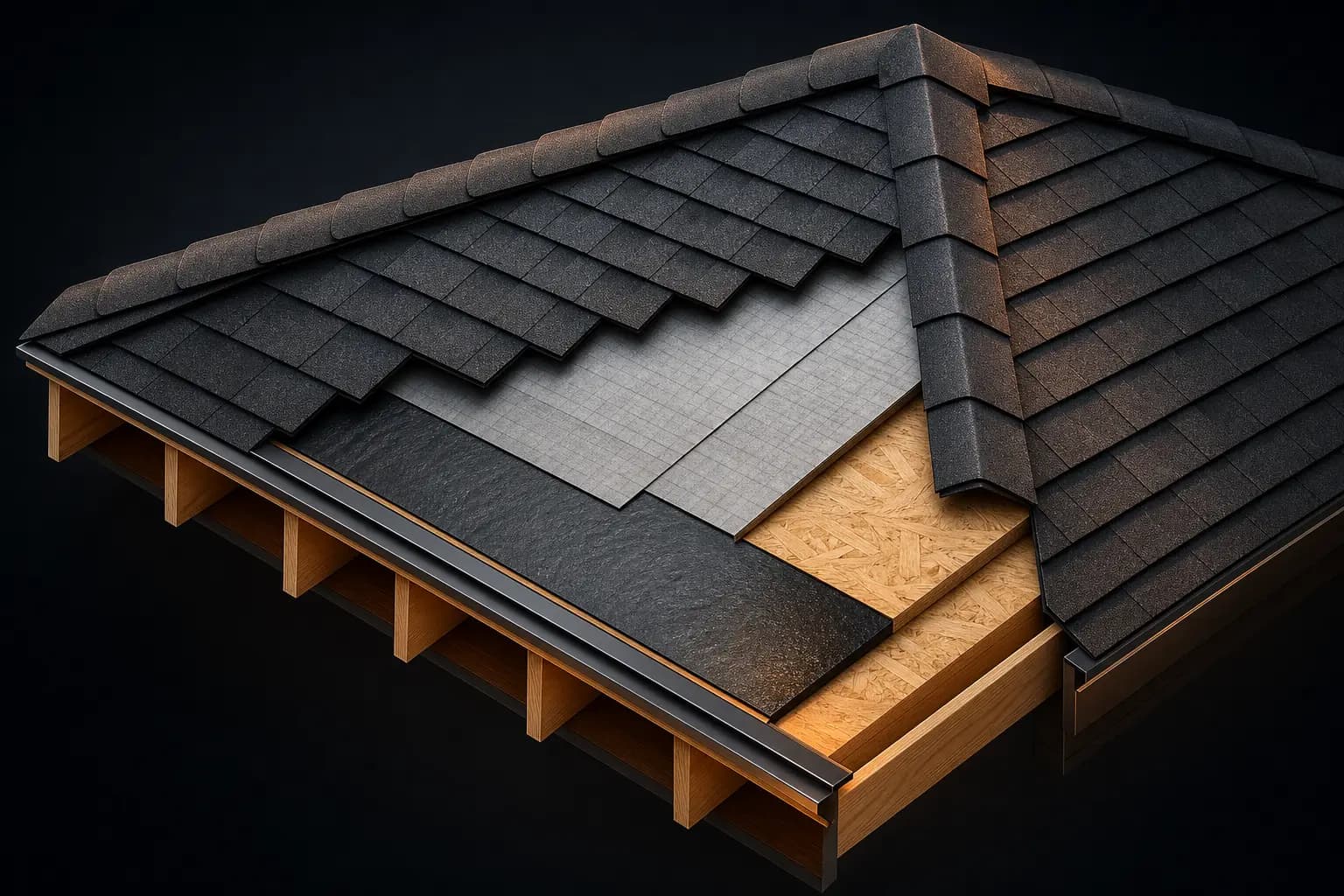 Isometric cutaway of a hip roof corner peeled back in layers, showing rafters, OSB deck, ice barrier membrane, synthetic underlayment, staggered shingle courses, hip cap and metal drip edge against a dark background