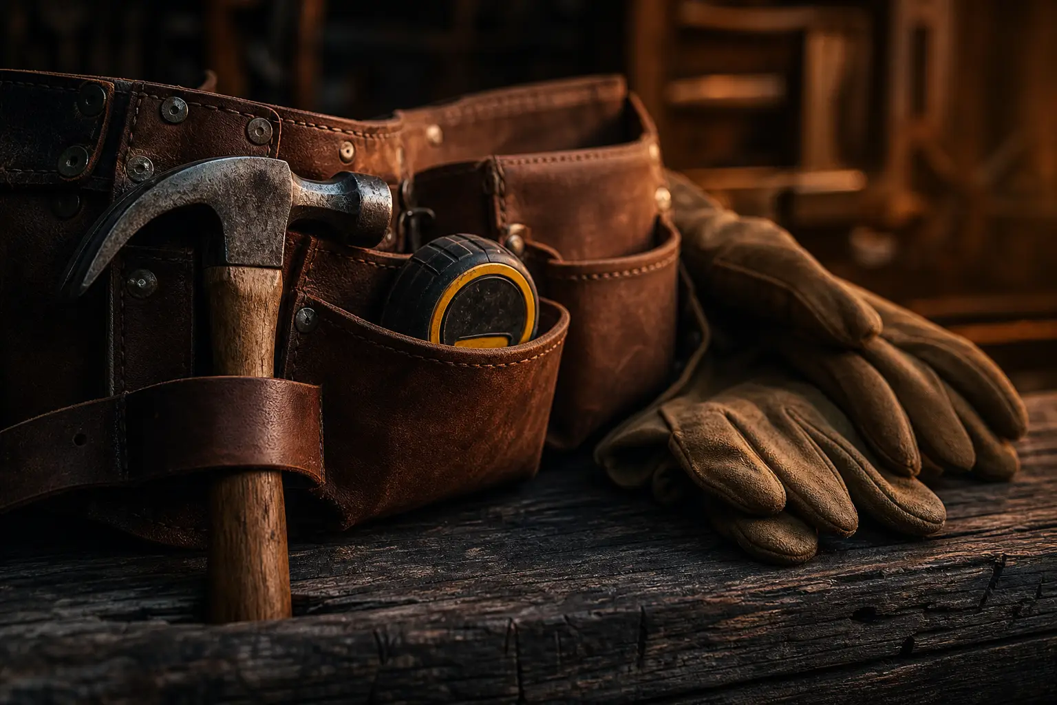 Tool belt with hammer, tape measure, and gloves on a workbench